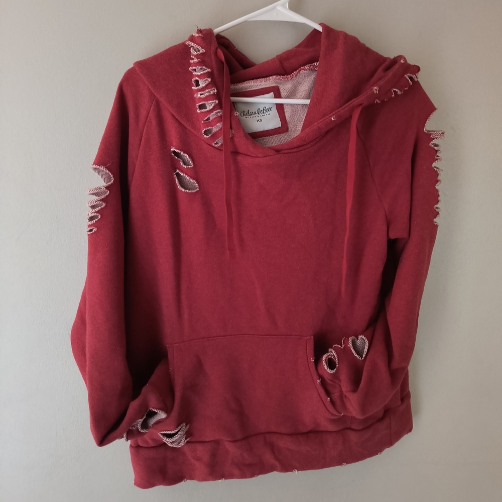 Chelsea DeBoer by Lily & Lottie XS red distressed hoodie sweatshirt
